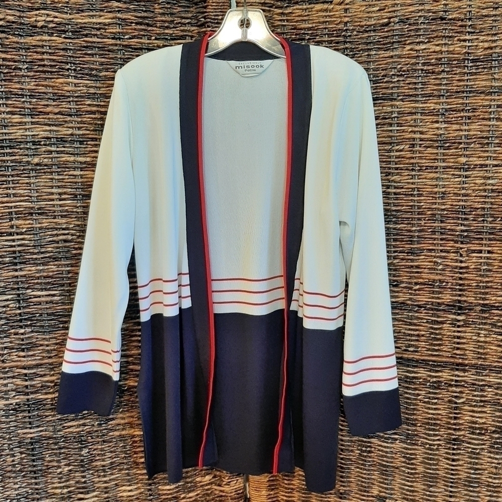 Exclusively Misook Petite Women's XXS Blue Striped Open Front Cardigan Sweater